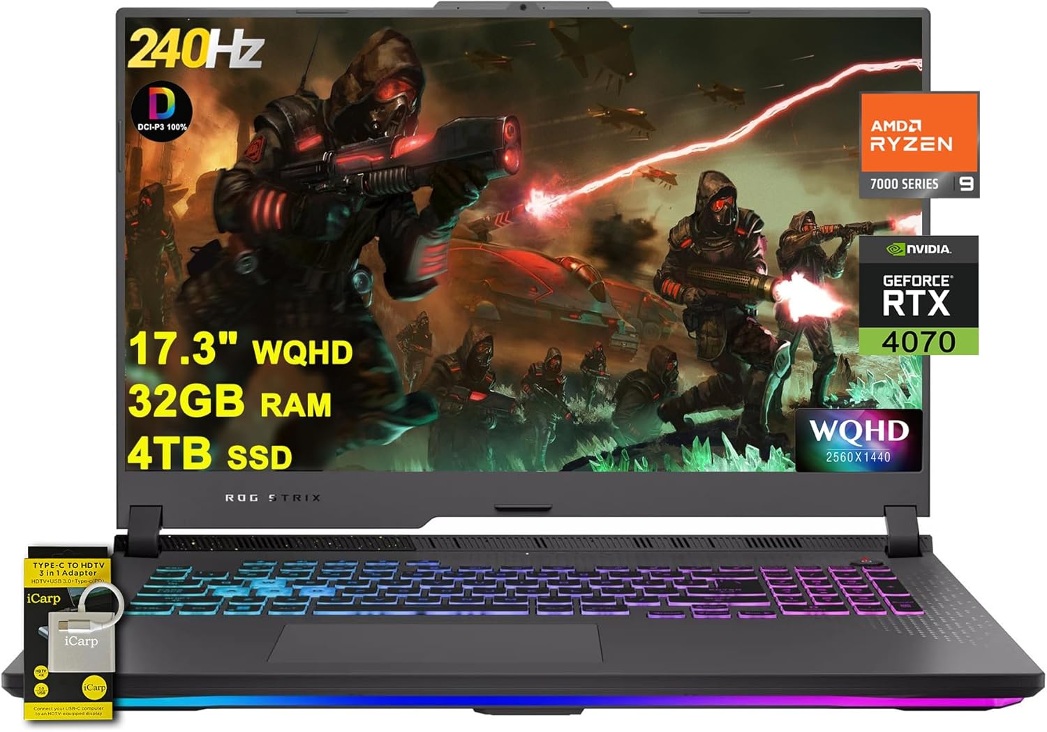 ASUS ROG Strix G17 Gaming Laptop 17.3″ FHD 144Hz (G-Sync, MUX Switch) AMD 12-core Ryzen 9 7845HX (>i9-12900H) 32GB RAM 4TB SSD GeForce RTX 4070 USB-C RGB Backlit Fast Charging Win11 w/ICP Accessory