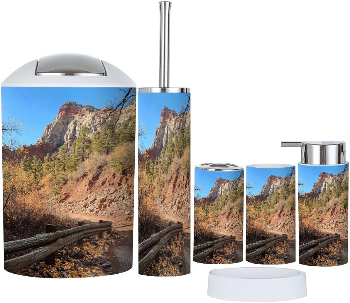 Bathroom Accessory Set 6 Piece Zion Canyon Landslide by Patriarchs viewpoint Zion National Park Toothbrush Holder, Toothbrush Cup, Soap Dispenser, Soap Dish, Toilet Brush Holder, Trash can