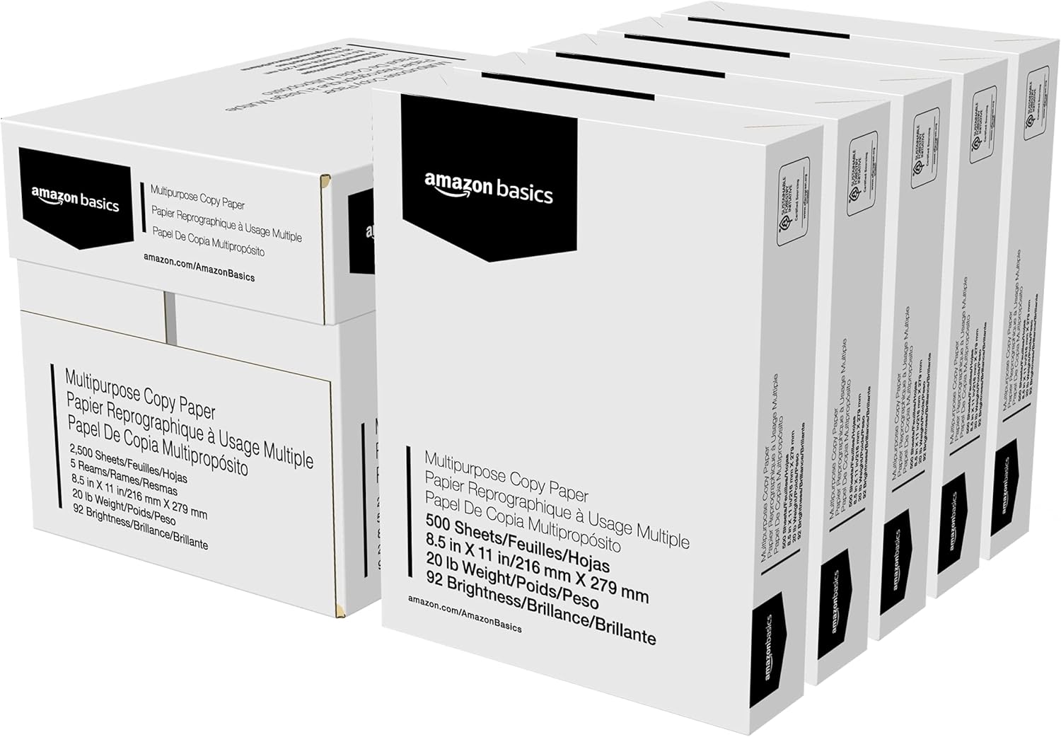 Amazon Basics Multipurpose Copy Printer Paper, 8.5″ x 11″, 20 lb, 5 Reams, 2500 Sheets, 92 Bright, White