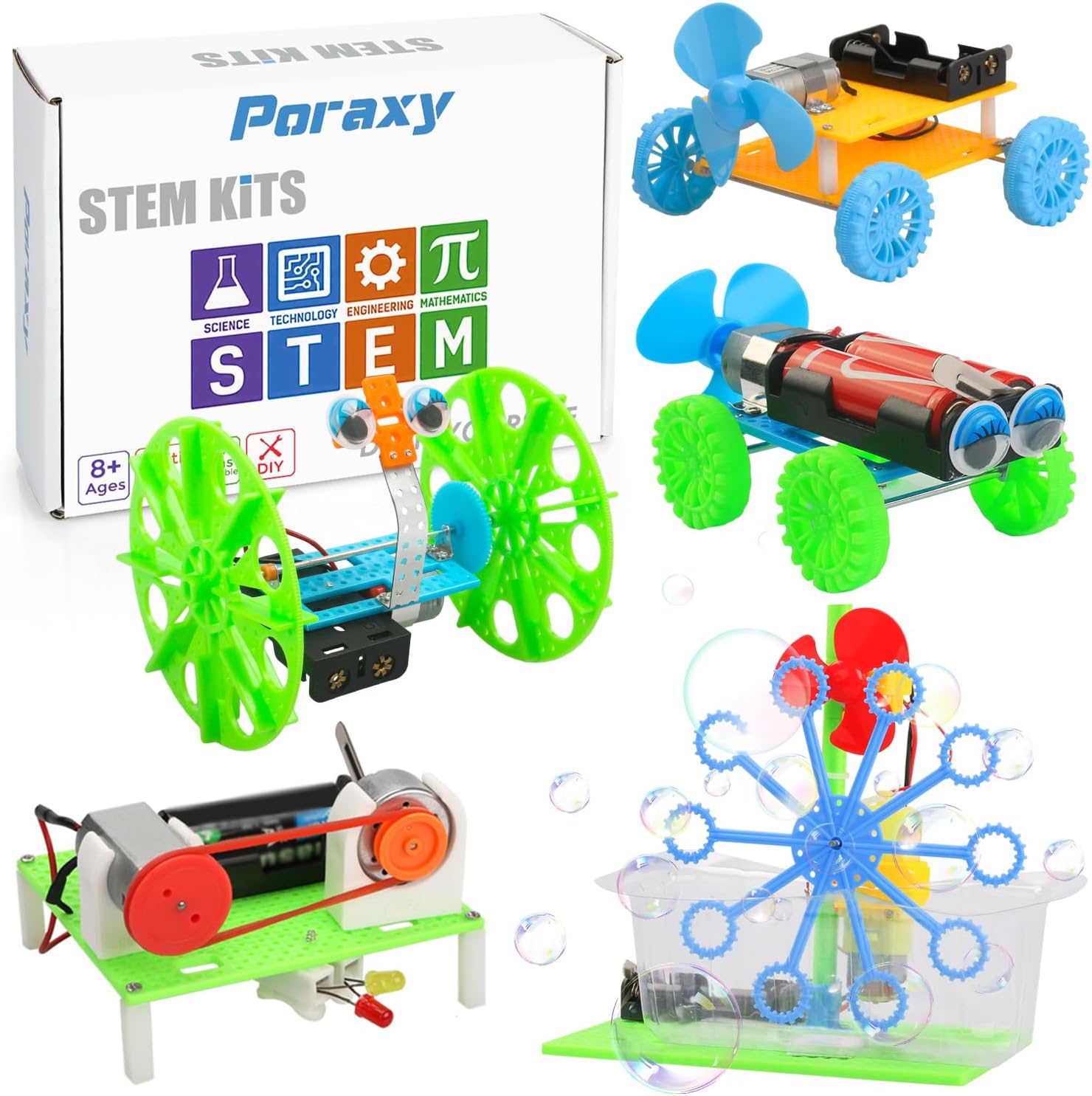 Poraxy 5 Set STEM Science Kits for Kids Ages 8-12, Robotics Model Car, Toys for Ages 8-13, Building Engineering Experiment Projects, Birthday Gifts for Boys Girls 6 7 8 9 10 11 12 13 Year Old