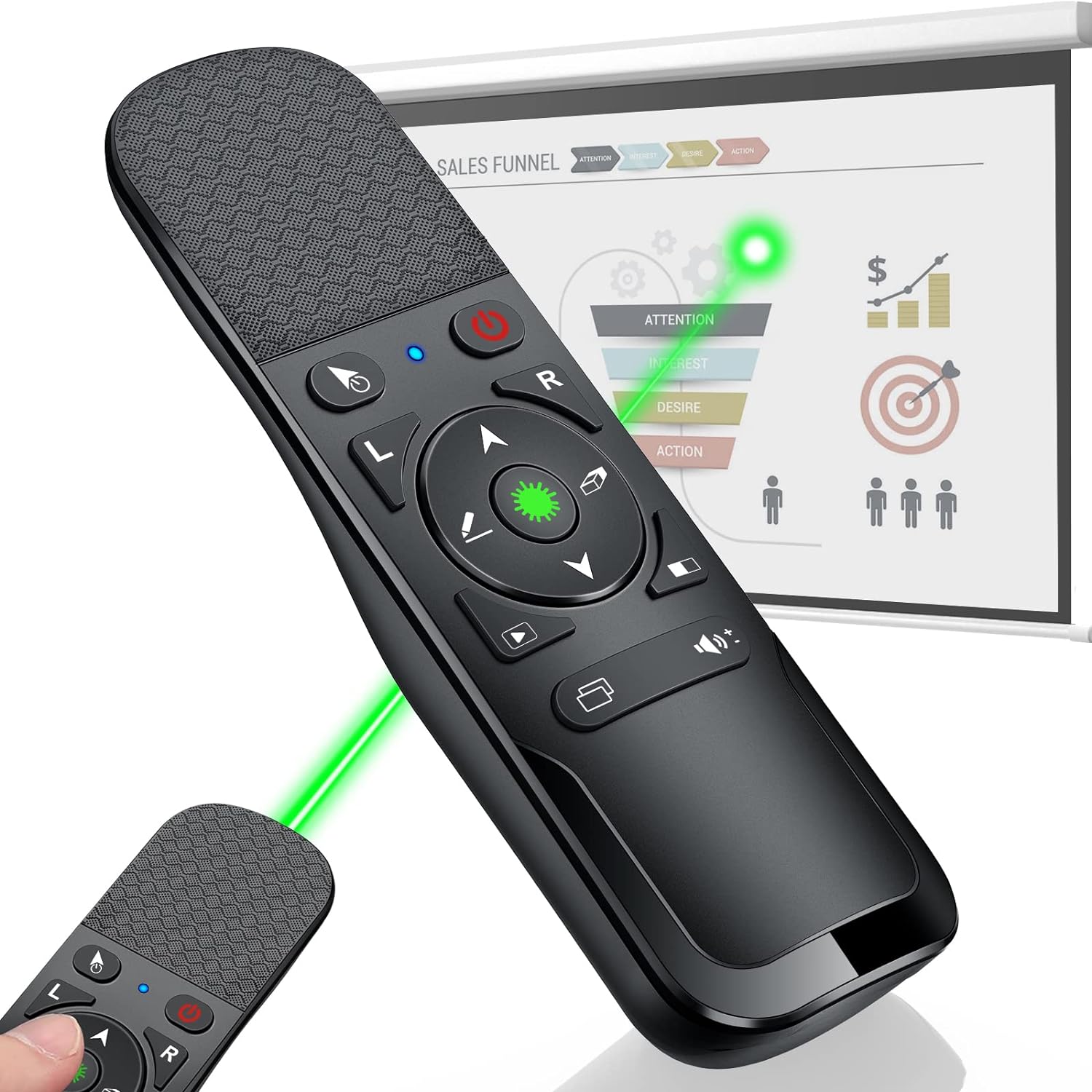 Presentation Clicker Green Laser Pointer with Air Mouse Function, Wireless Presenter Clicker RF 2.4GHz USB Presenter Control PowerPoint Presentation Clicker for Mac, Laptop, Computer