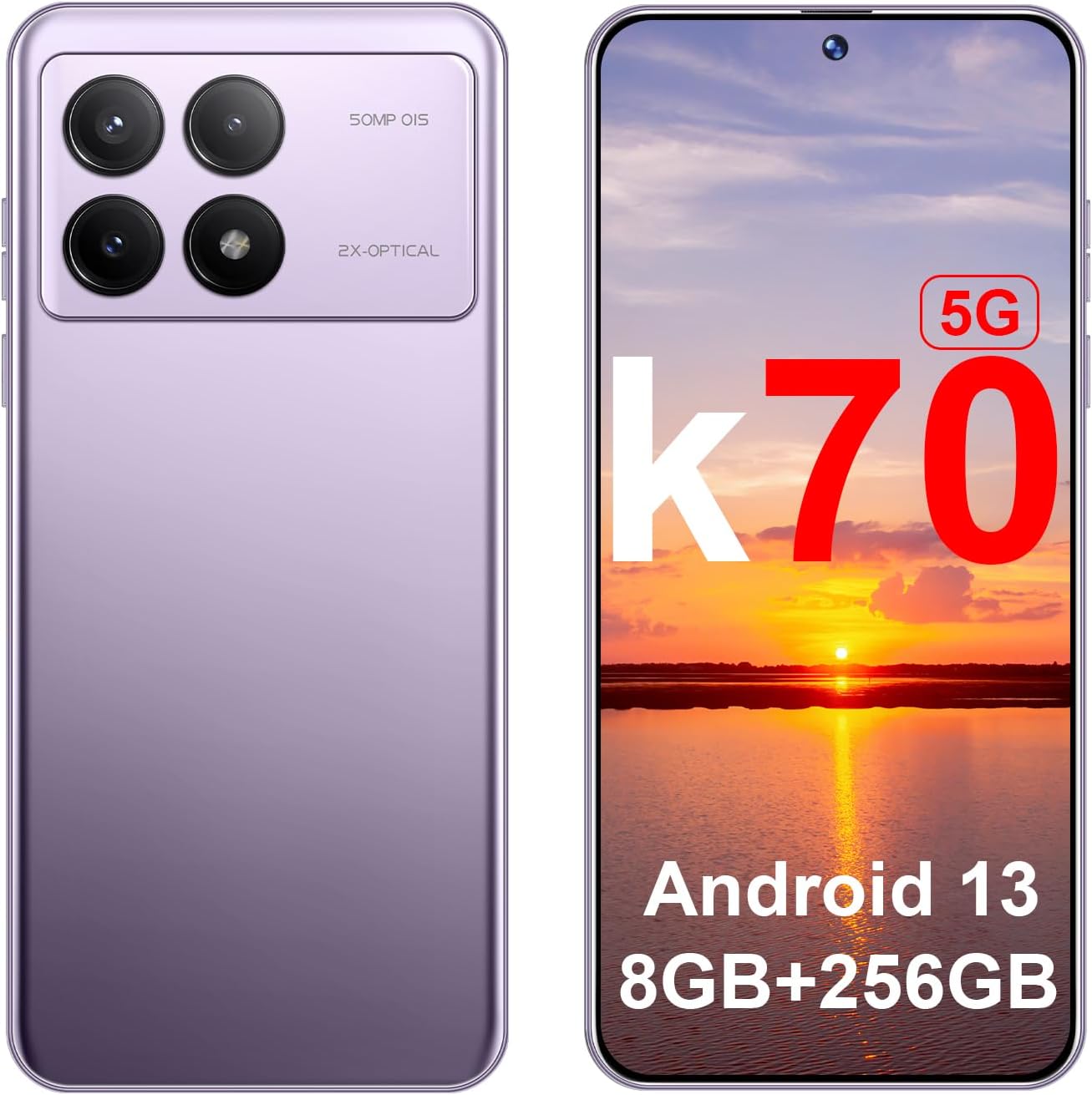 K70 5G Android Phones 2024 Android 13 Cell Phones 6.8″ HD Screen 8GB+256GB 8-Core Android Phones 6200mAh Battery Standby 24MP+50MP Camera 5G Dual SIM Unlocked Smartphones(Purple)