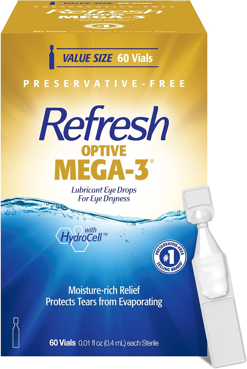 Refresh Optive MEGA-3 Lubricant Eye Drops Preservative-Free Artificial Tears, 0.01 fl oz (0.4 mL), 60 Single-Use Containers