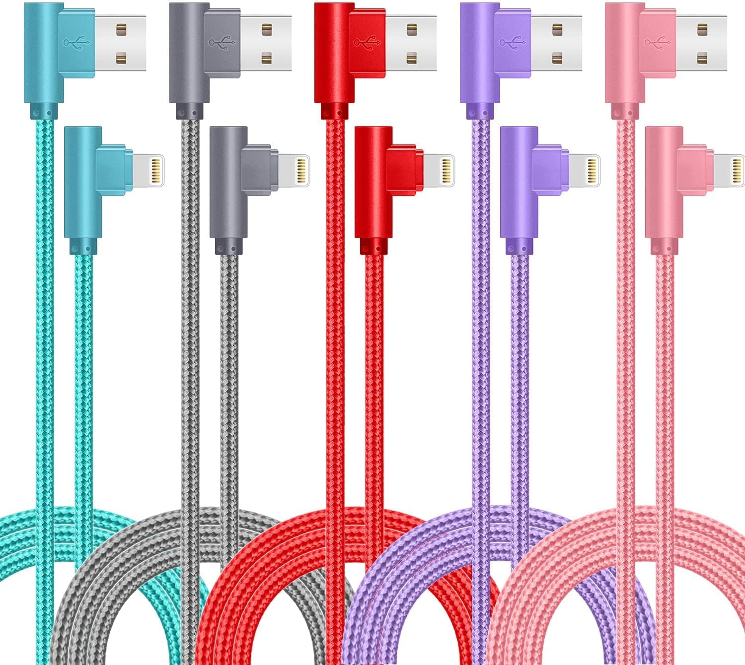 for iPhone Charger Cable Right Angle Lightning Cable 5Pack 90 Degree 6FT Nylon Braid Charging Cord Fast Charging Compatible for iPhone 14/13/12/12pro/11/11pro/XS/MAX/XR/X/8P/8/7P/7/6