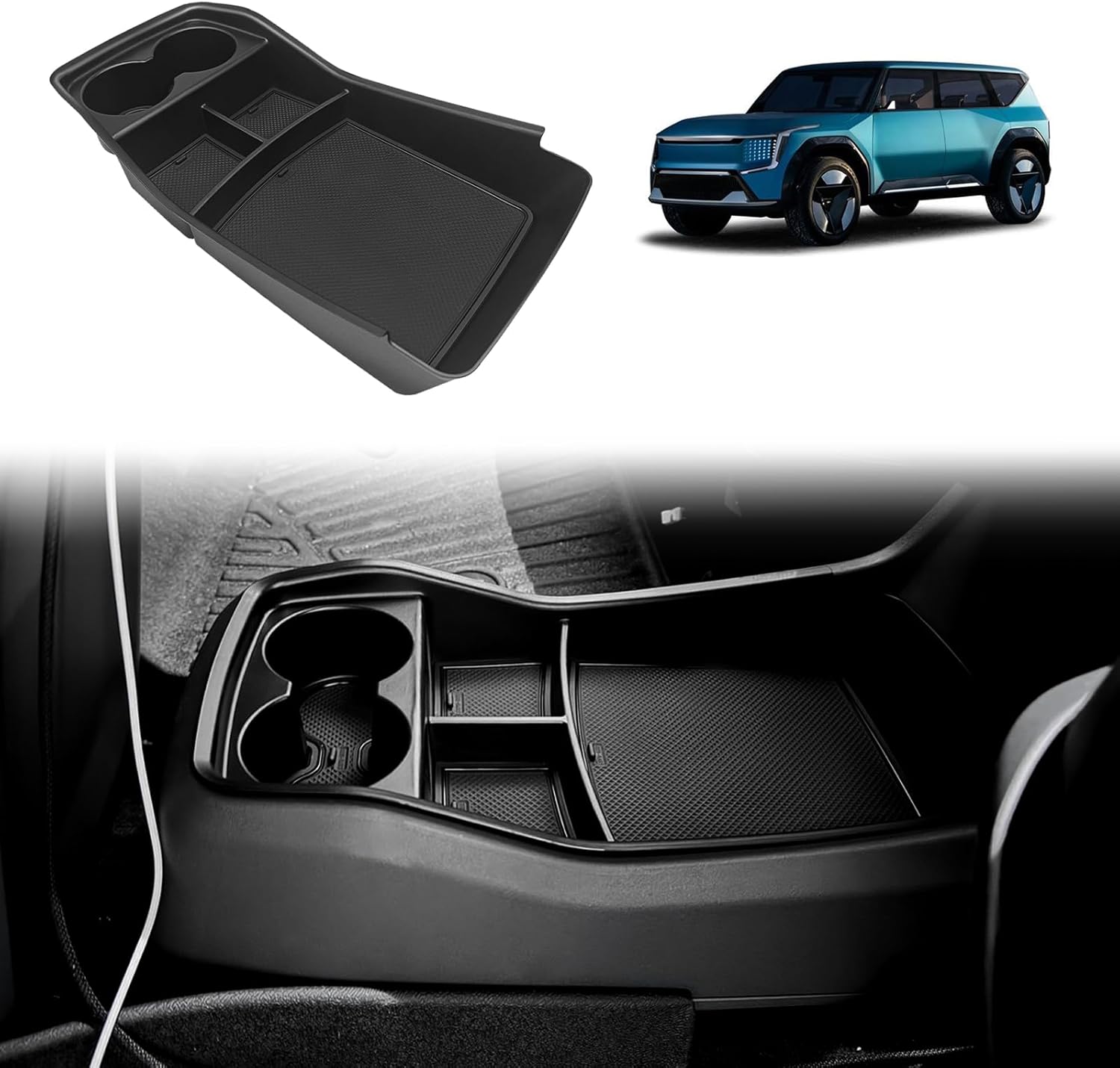 BestEvMod for EV9 Lower Center Console Organizer Tray Interior Accessories Storage Box ABS Material with PVC Trim Compatible with 2024 Kia EV9 Accessories (V2)