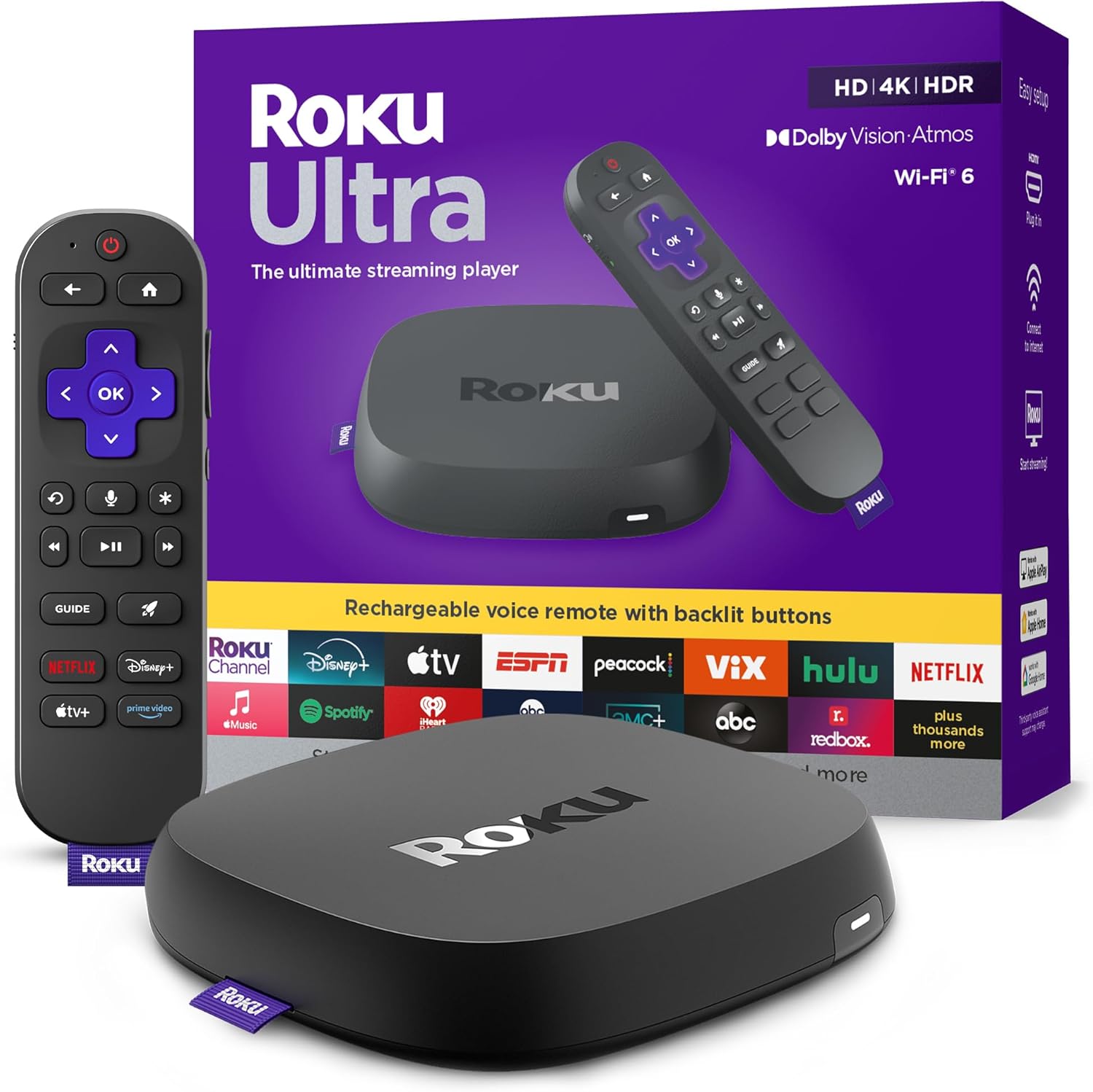 Roku Ultra 2024 – Ultimate Streaming Player – 4K Streaming Device for TV with HDR10+, Dolby Vision & Atmos – Bluetooth & Wi-Fi 6- Rechargeable Voice Remote Pro with Backlit Buttons – Free & Live TV