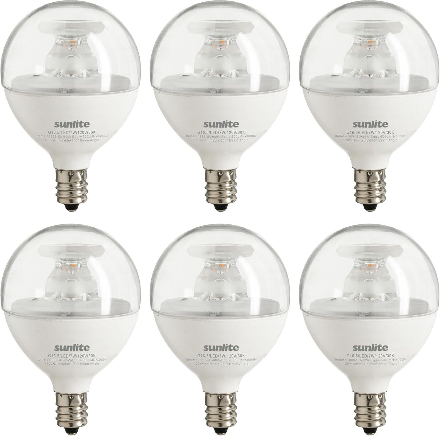 Sunlite G16.5 Light Bulb LED, 7 Watts (60W Equiv.), 500 Lumens, Dimmable, Type G Globe Shape E12 Candelabra Base, Short Bulbs, Vanity Mirror Bulbs, Energy Star Listed, 3000K Warm White, Clear, 6 Count