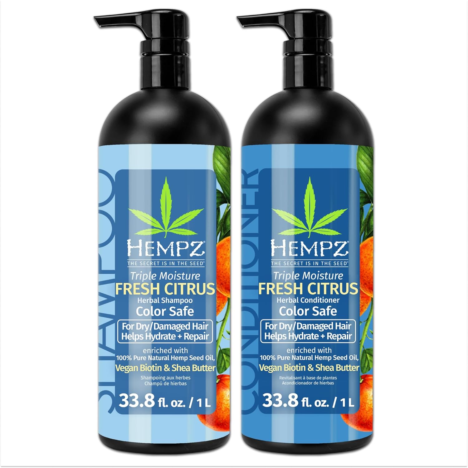 HEMPZ Hair Shampoo & Conditioner Set – Grapefruit & Peach Scent for Dry, Damaged and Color Treated Hair, Hydrating, Softening, Moisturizing with Biotin Duo Set 33.8 fl oz