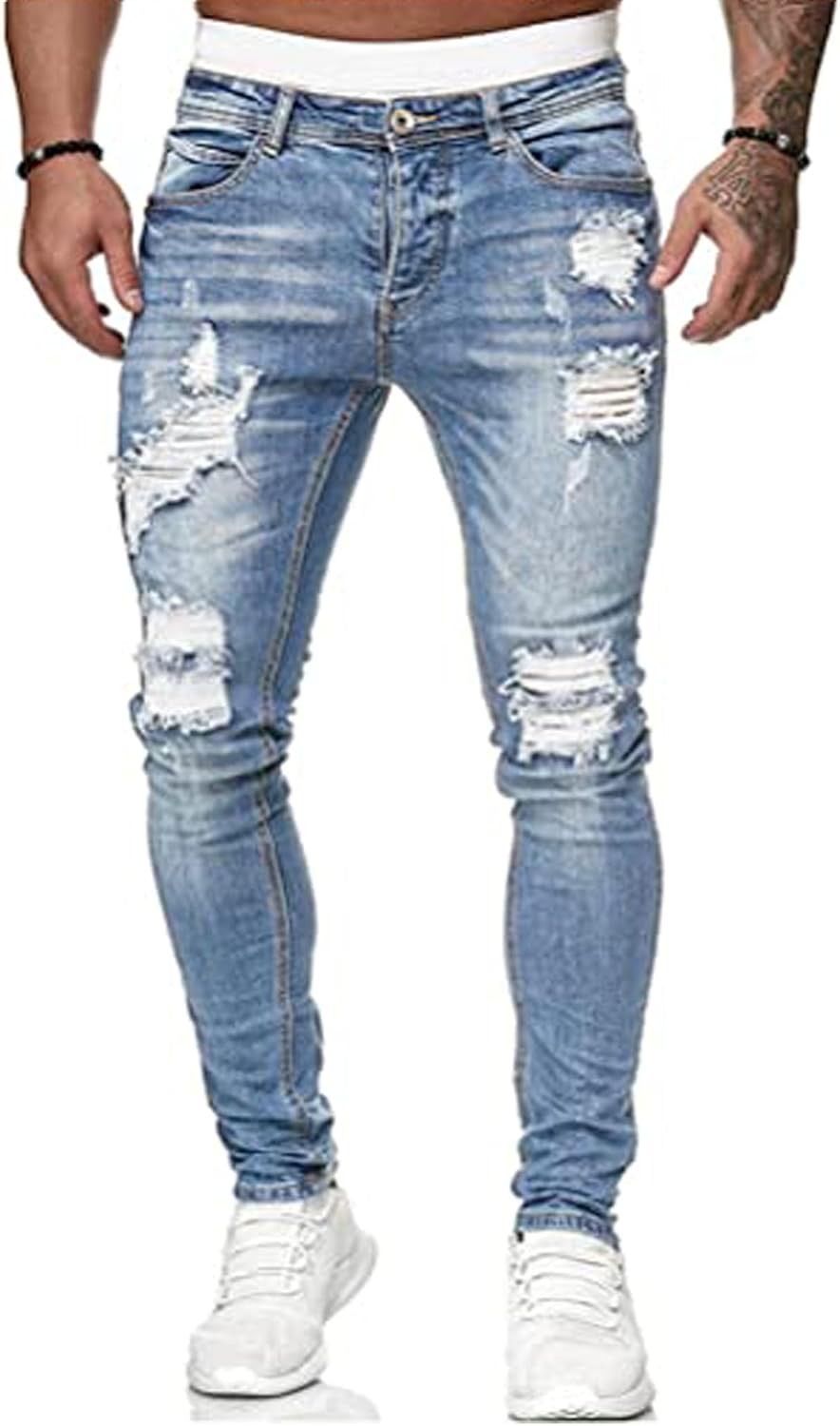 HUNGSON Men’s Blue Slim Fit Jeans Stretch Destroyed Ripped Skinny Jeans Side Striped Denim Pants