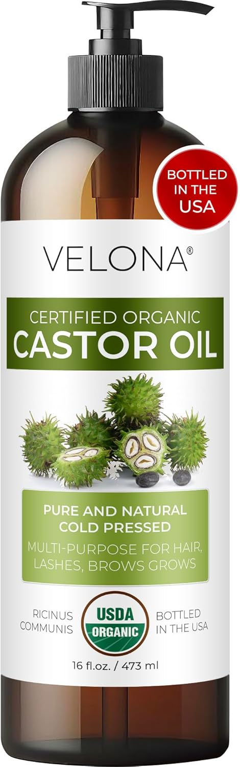 velona USDA Certified Organic Castor Oil – 16 fl oz (With Pump) | For Hair Growth, Boost Eyelashes, Eyebrows | Cold pressed, Natural Oil, USP Grade | Hexane Free, Lash Serum, Caster