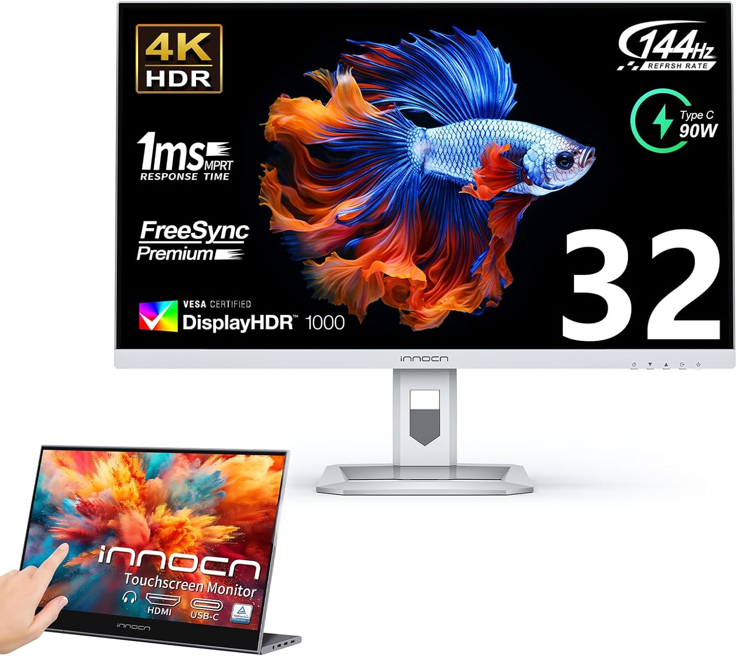 INNOCN 32″ Mini LED 4K UHD 3840 x 2160 Gaming Monitor 144Hz 1ms IPS HDR1000 HDMI 2.1 Monitor 32M2V Bundle with Bundle with 15.6″ Touchscreen Portable Monitor N1F PRO, USB Type-C Connectivity