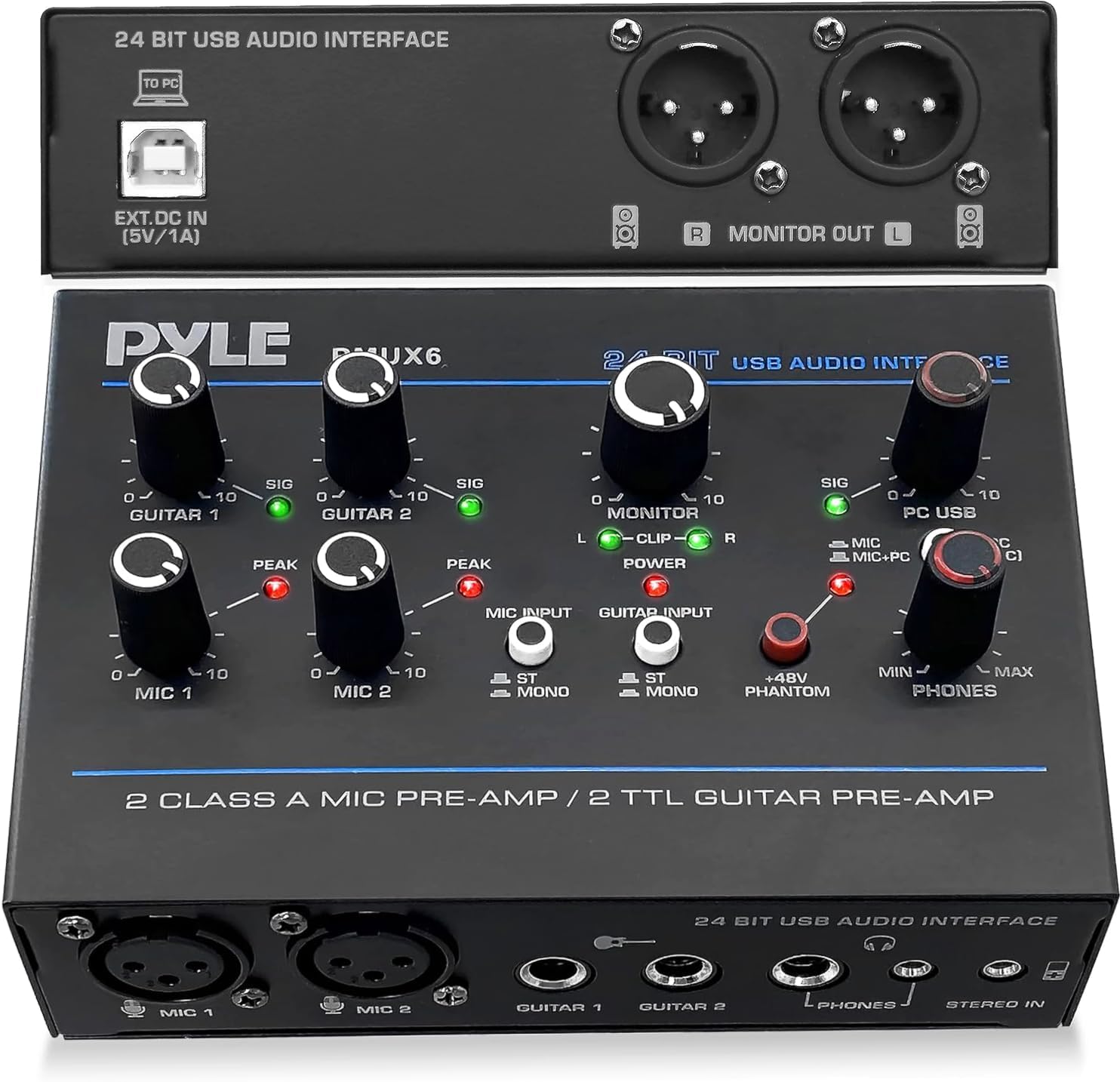 Pyle Professional USB Audio Interface with MIC, Guitar, AUX Stereo Inputs, Phone/Monitor Outputs, Ideal for Computer Playing & Recording, Compact Rugged Metal Housing – PMUX6