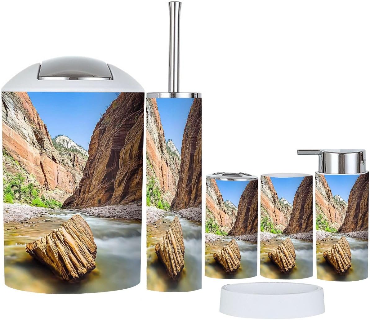 Bathroom Accessory Set 6 Piece Landscape Zion National Park Utah Toothbrush Holder, Toothbrush Cup, Soap Dispenser, Soap Dish, Toilet Brush Holder, Trash can