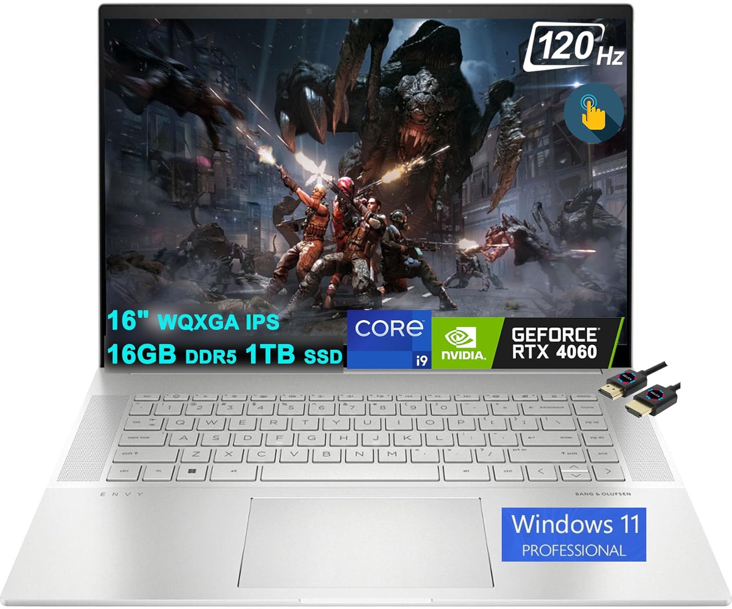 HP Envy 16 Gaming Laptop | 16″ WQXGA 120Hz Touch 400nits 100% sRGB | Intel 14-Core i9-13900H | 16GB DDR5 1TB SSD | GeForce RTX 4060 8GB | Backlit Thunderbolt USB-C Win11Pro Silver + HDMI Cable