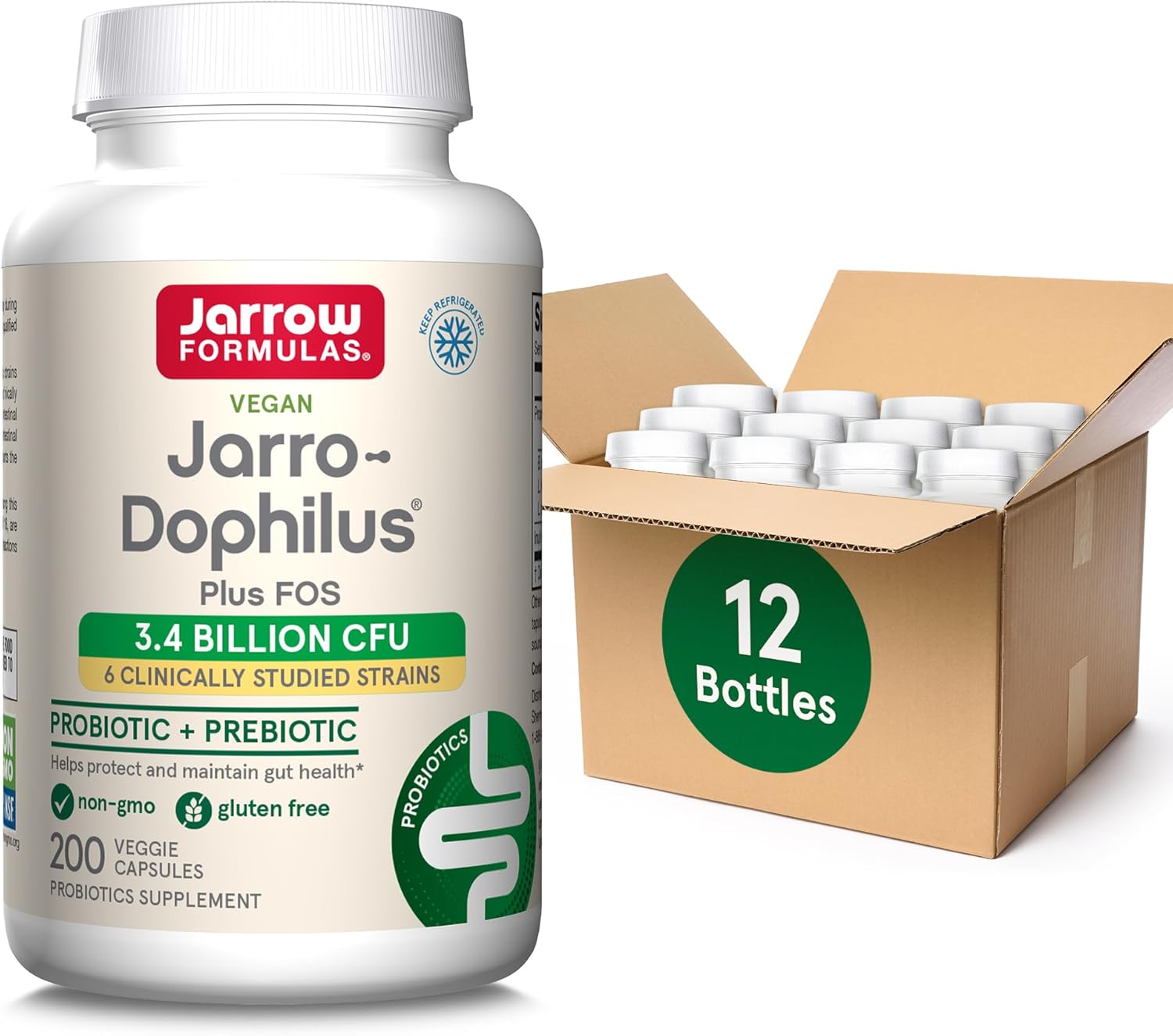 Jarrow Formulas Jarro-Dophilus + FOS – 3.4 Billion CFU Per Serving – Prebiotic & Probiotics Supplement for Immune & Intestine Support – 200 Servings Veggie Capsules (Pack of 12)