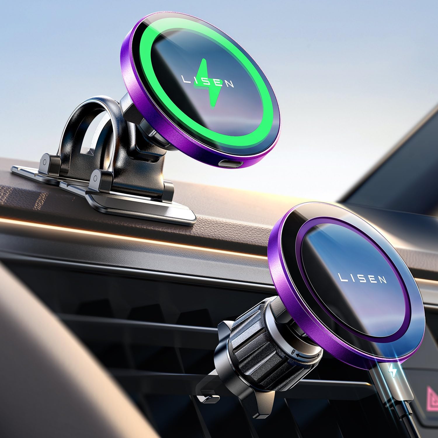 LISEN for Fast Magsafe Car Mount Charger Wireless 15W Car Charger for iPhone [Powerful Magnets] Magsafe Charging Mount Fast Charging Fits iPhone 16 15 14 13 12＆Magsafe Case,Purple