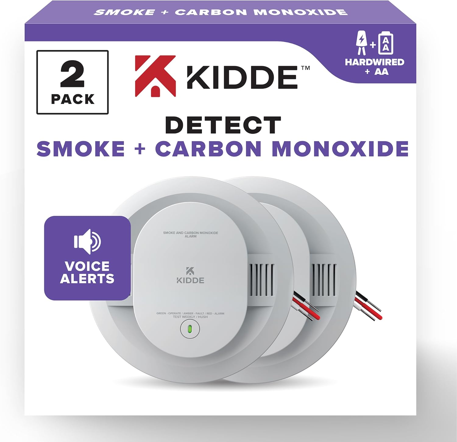 Kidde Hardwired Smoke & Carbon Monoxide Detector, AA Battery Backup, Voice Alerts, Interconnectable, LED Warning Light Indicators, 2 Pack