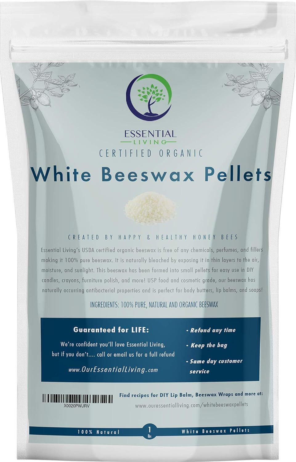 Essential Living: Organic White Beeswax Pellets – Easy Melt for Lip Balm, Skin Care, Candle Making, Soap Making, Food Wraps and More – 1 lb. – No Dyes or Fillers – Cosmetic Grade