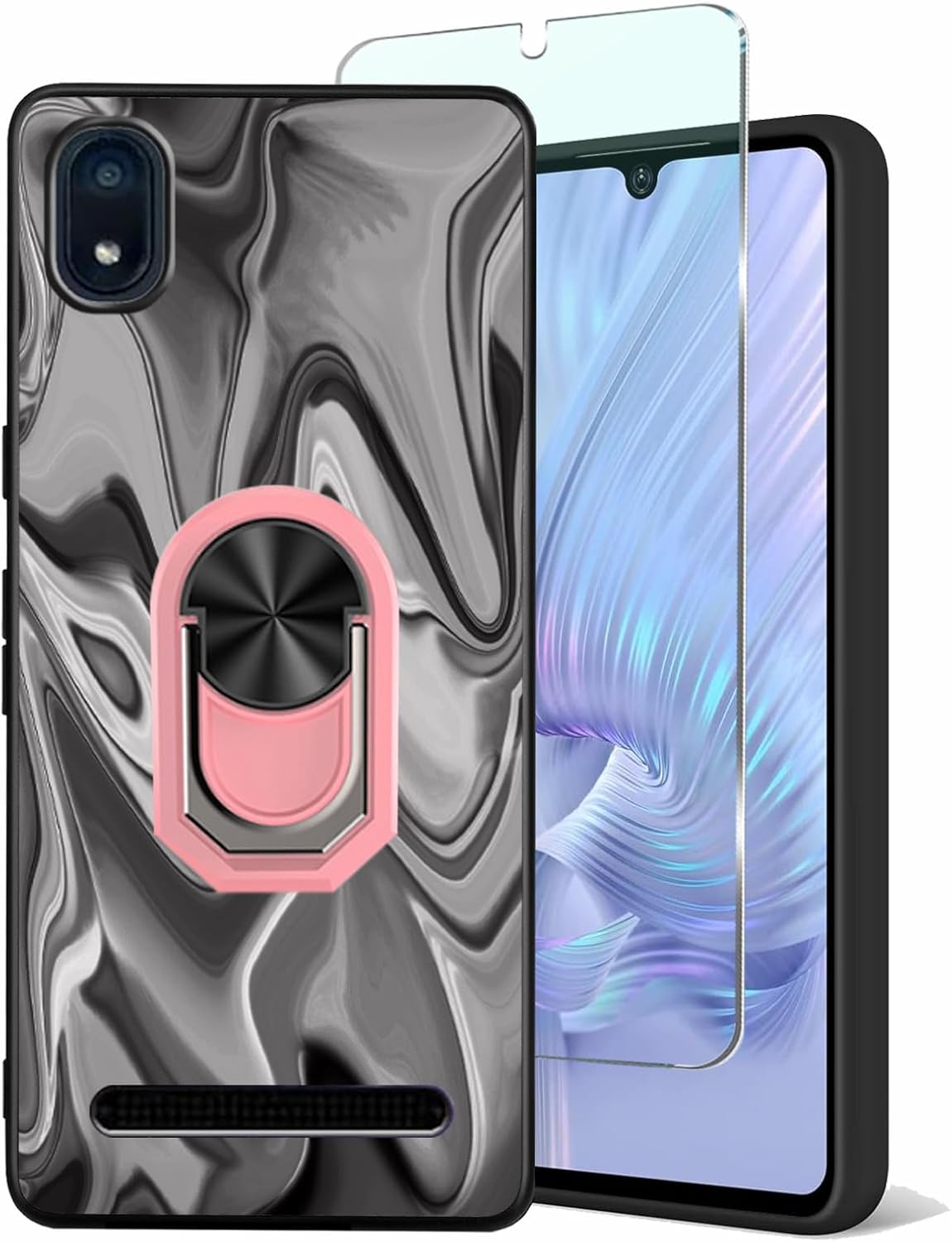 for Cloud Stratus C8 Phone Case Cloud Mobile Stratus C8 Tempered Glass [Screen Protector], with Built-in Metal Kickstand [Pink Ring Holder], Shockproof Grey Wavy Painted TPU Bumper for Women