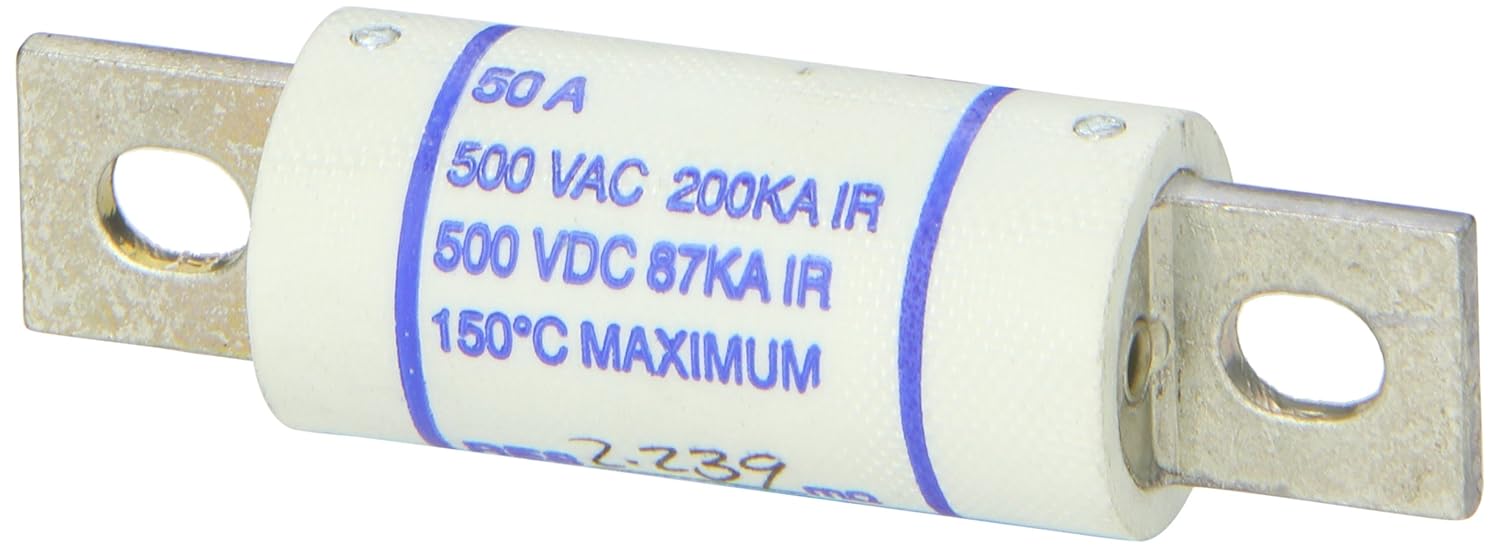 Mersen A50QS Semiconductor Protection Fuse with Bolt-in Mount, 500VAC/DC, 200kA AC/87kA DC, 50 Ampere, 1″ Diameter x 3-5/8″ Length