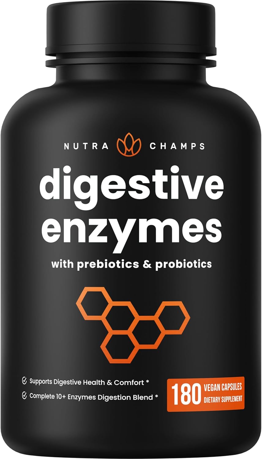 NutraChamps Digestive Enzymes with Probiotics and Prebiotics for Women & Men – 180 Vegan Capsules with Bromelain for Bloating & Optimal Gut Health