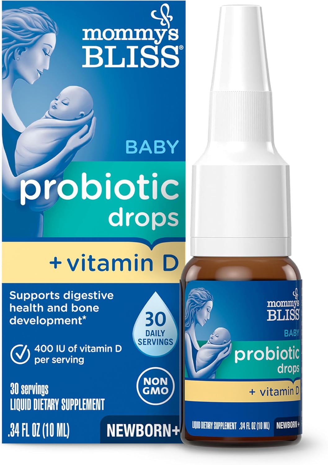 Mommy’s Bliss Baby Probiotic Drops + Vitamin D, Supports Digestive Health and Immunity, 400IU Vitamin D for Healthy Bone Development, Newborns +, Flavorless, 0.34 Fl Oz (30 Servings)