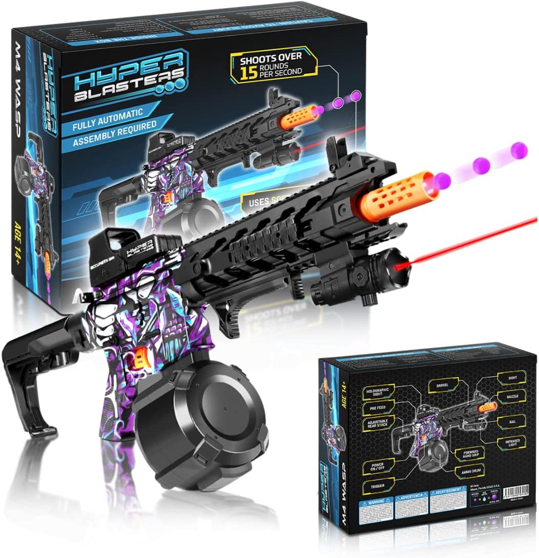 HyperBlasters M4 Wasp Gel Ball Blaster with 1000 Round Capacity Ammo Drum – Splatter Ball Blaster Includes 50,000 Planet Friendly and No- Stain Water Beads- Fun and Exciting Electric Orby Blaster