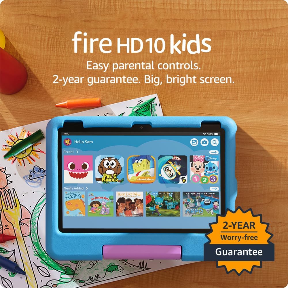 Amazon Fire 10 HD Kids tablet (newest model) ages 3-7 | Bright 10.1″ HD screen with included ad-free and exclusive content, robust parental controls, 13-hr battery, 32 GB, Blue