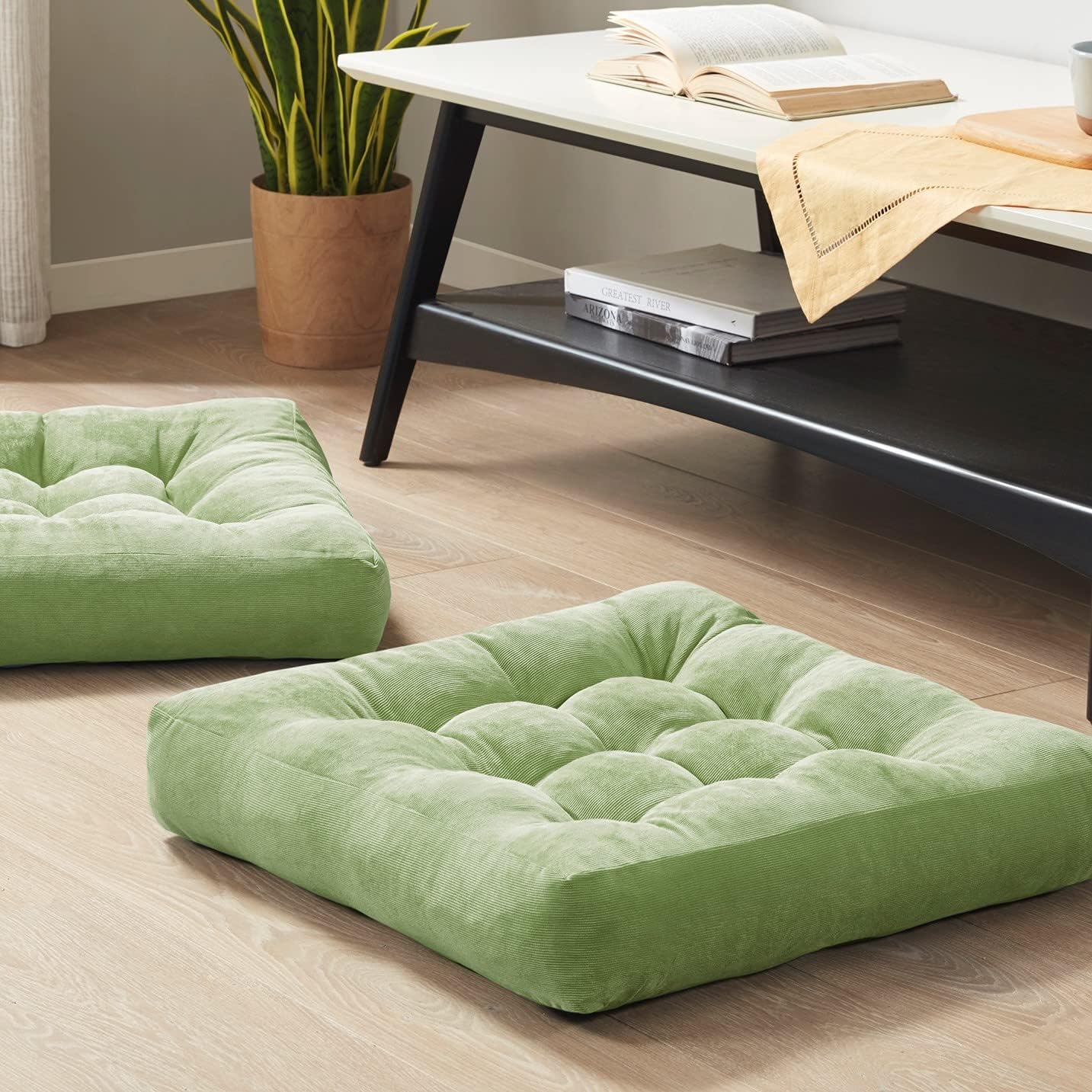 Meditation Floor Pillow Set of 2, Square Large Pillows Seating for Adults, Tufted Corduroy Floor Cushion for Living Room Tatami, Green 22×22 Inch