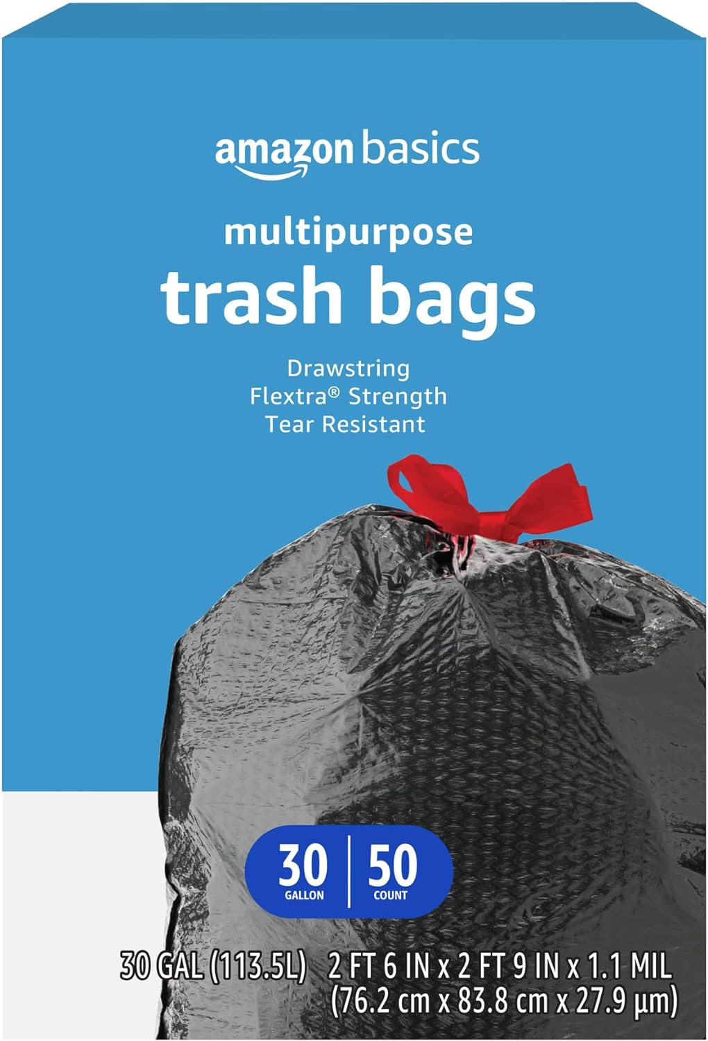 Amazon Basics Flextra Multipurpose Drawstring Trash Bags, 30 Gallon, 50 Count