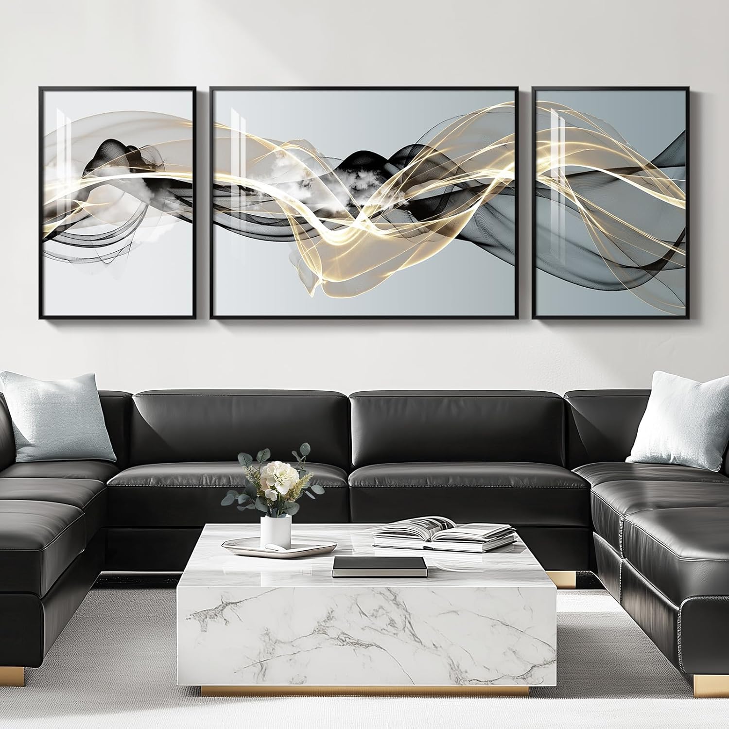 Framed Extra Large Modern Luxury Large Wall Art for Living Room, Set of 3 Minimalist Black White Gold Abstract Paintings Artwork for Walls, Big Art Prints Pictures for Hallway Dining Room Office Wall Decor