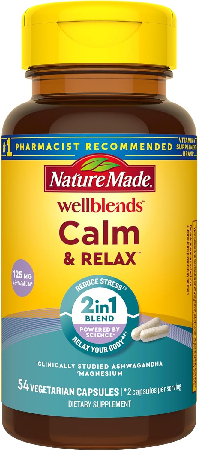 Nature Made Wellblends Calm & Relax, Ashwagandha 125mg, Magnesium 300 mg, 54 Vegetarian Capsules