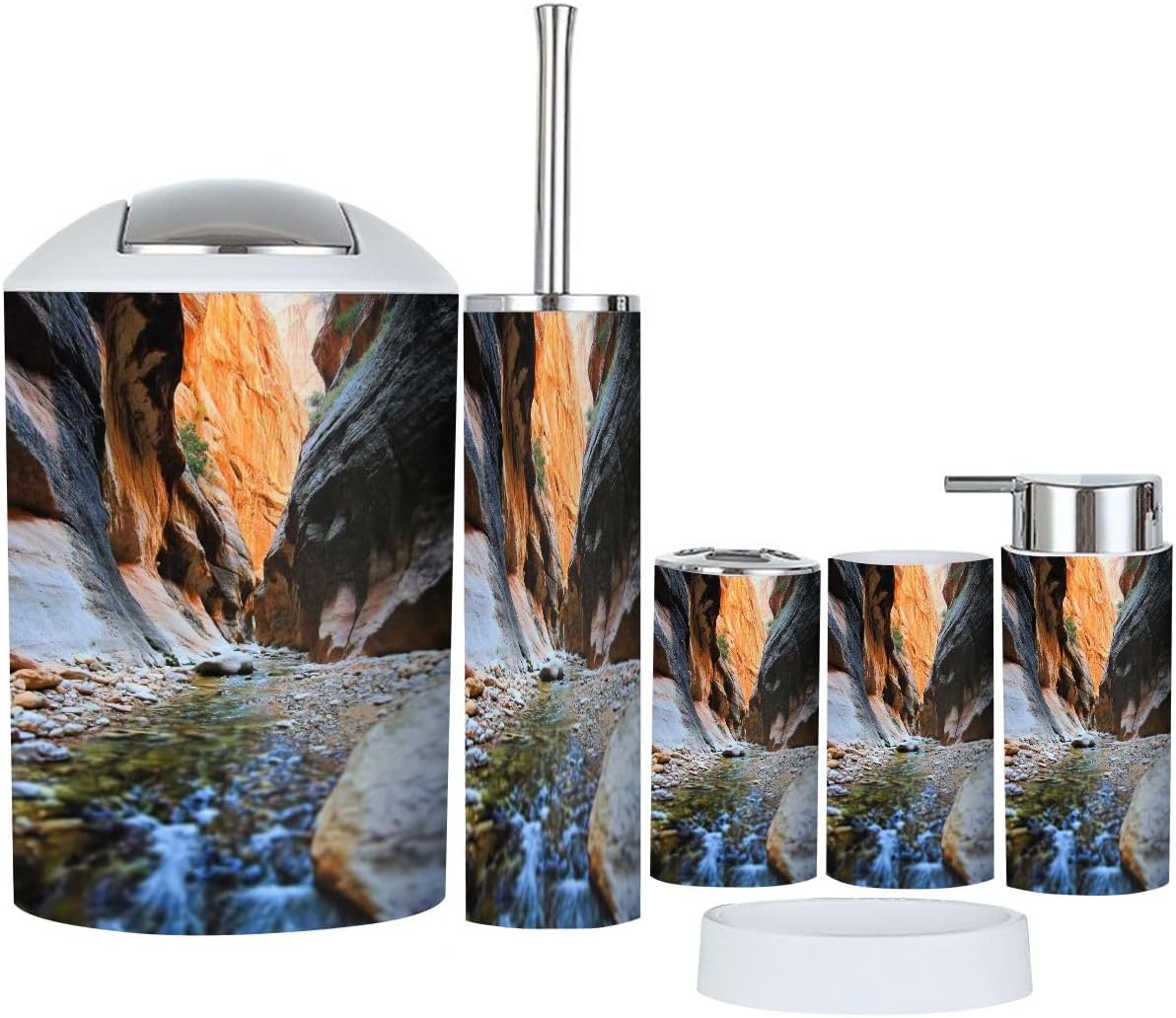 Bathroom Accessory Set 6 Piece Waterfall Zion Narrows Zion National Park Orderville Canyon Toothbrush Holder, Toothbrush Cup, Soap Dispenser, Soap Dish, Toilet Brush Holder, Trash can