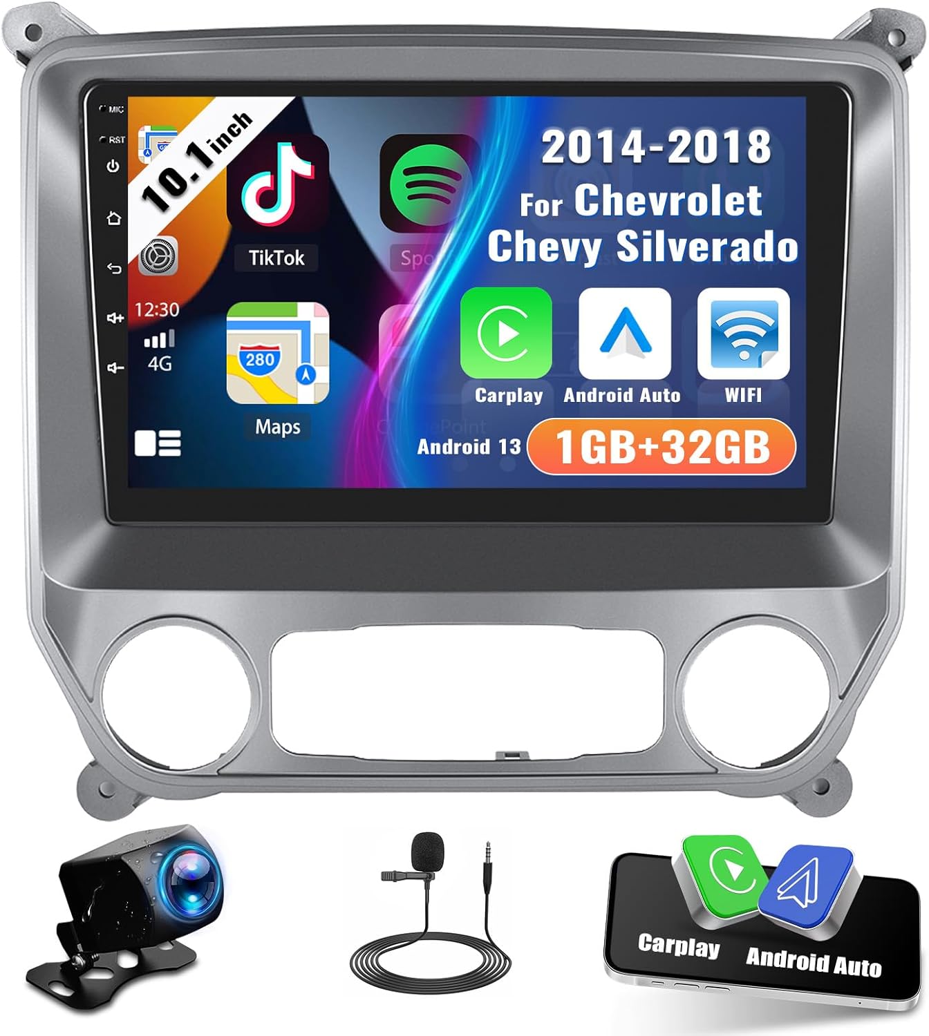 Android 13 1+32G Car Stereo for Chevrolet Chevy Silverado GMC Sierra 2014-2018 with Wireless Carplay Android Auto, 10.1″ Touchscreen Car Radio with Bluetooth,WiFi, GPS Navi,FM/EQ/RDS,HiFi+Rear Camera