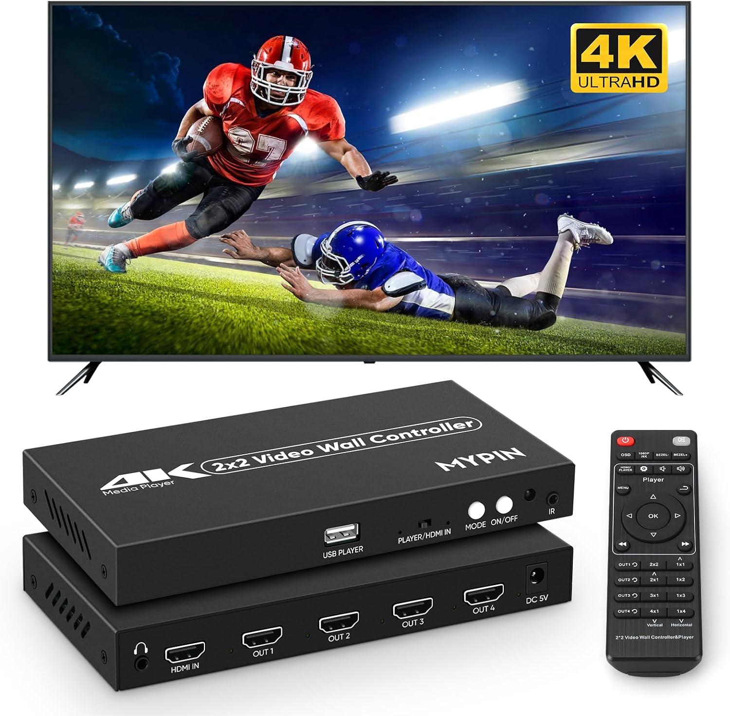 2×2 HDMI 4K Video Wall Controller with Media Player Function,4K@30HZ TV Wall Processor, 8 Display Modes 1×1 1×2 1×3 1×4 2×2 2×1 3×1 4×1 with Remote Control, 180°Rotate,with for 4×1-1 HDMI Input/Output