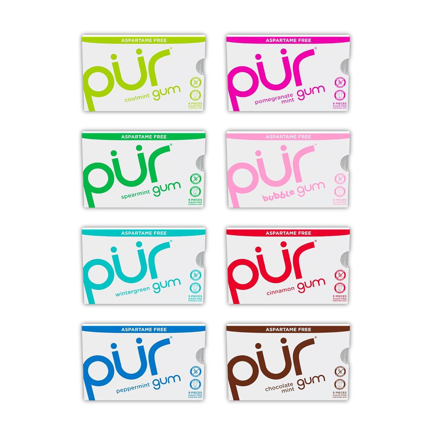 PUR Gum | Aspartame Free Chewing Gum | 100% Xylitol | Natural Flavored Gum, Variety Pack, 9 Pieces (Pack of 8)