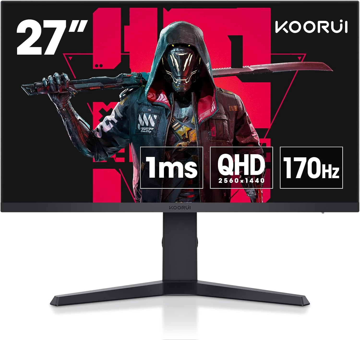 KOORUI Monitor, 27″ QHD IPS Gaming Monitor, 170Hz, 1ms, HDR400, Compatibility G-Sync and FreeSync, Tilt Pivot Swivel Vertical Height Adjustable，2 HDMI 2.0 & 1 DisplayPor 1.2, 27E3Q, Black