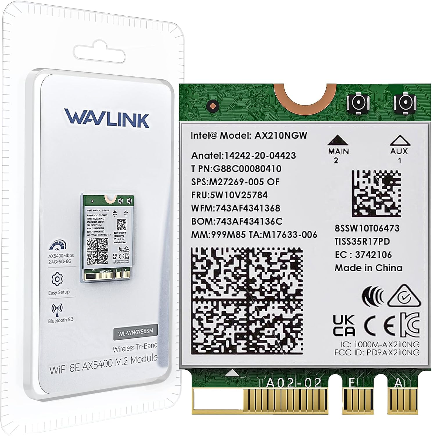 WiFi 6E Wireless Card, WAVLINK Tri-Band 5400Mbps 2.4GHz/5GHz/6GHz WiFi Crad with Bluetooth 5.3 for Laptop, AX210 NGW, Ultra-Low Latency, Support Windows 10/11 (64bit), Linux, M.2/NGFF