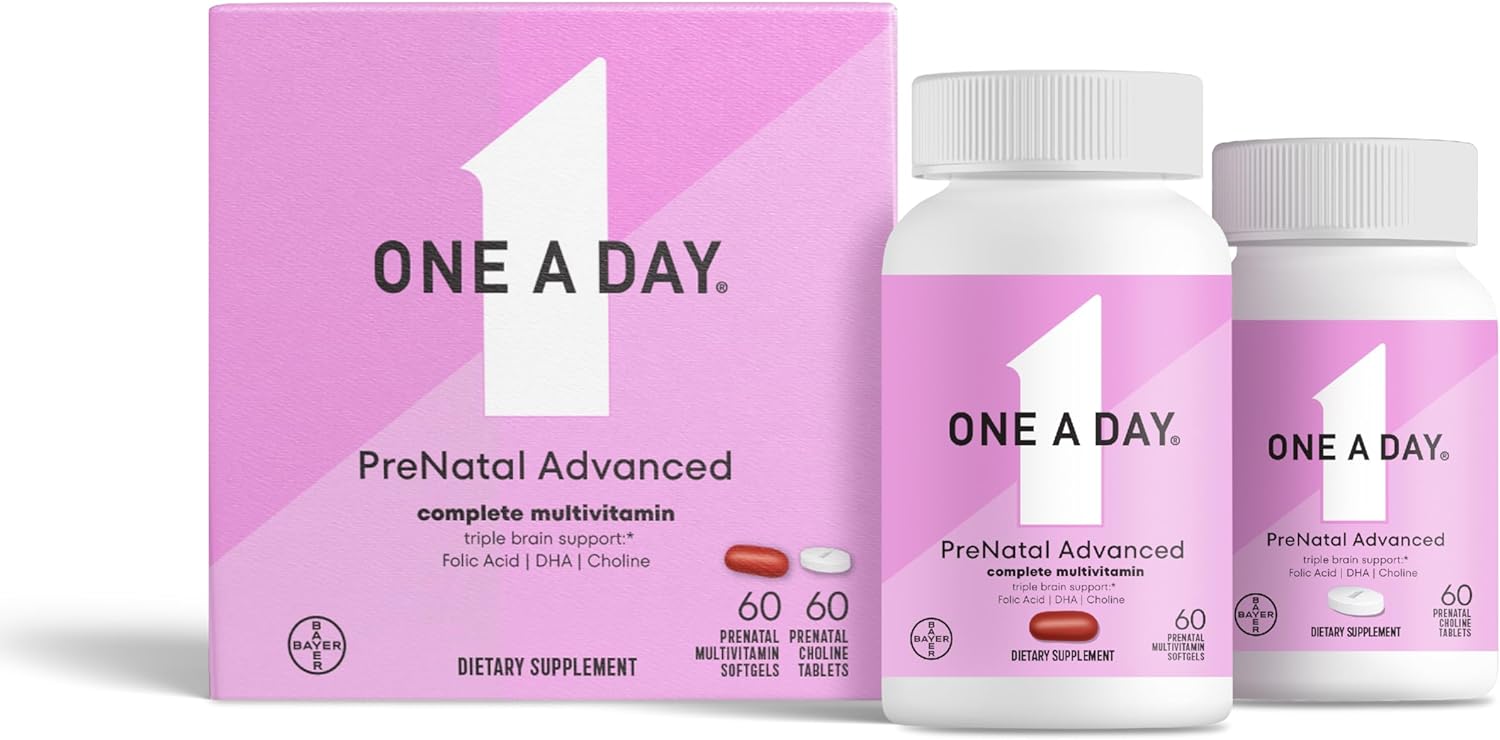 ONE A DAY Women’s Prenatal Advanced Complete Multivitamin with Brain Support* with Choline, Folic Acid, Omega-3 DHA & Iron for Pre, During & Post Pregnancy, 60+60 Ct (120 Total) (Packaging May Vary)