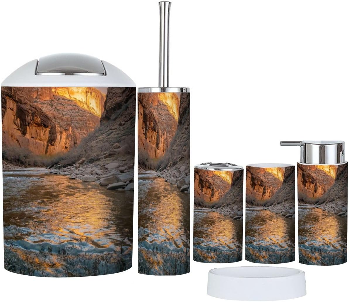 Bathroom Accessory Set 6 Piece Hiking Narrows Zion National Park Toothbrush Holder, Toothbrush Cup, Soap Dispenser, Soap Dish, Toilet Brush Holder, Trash can