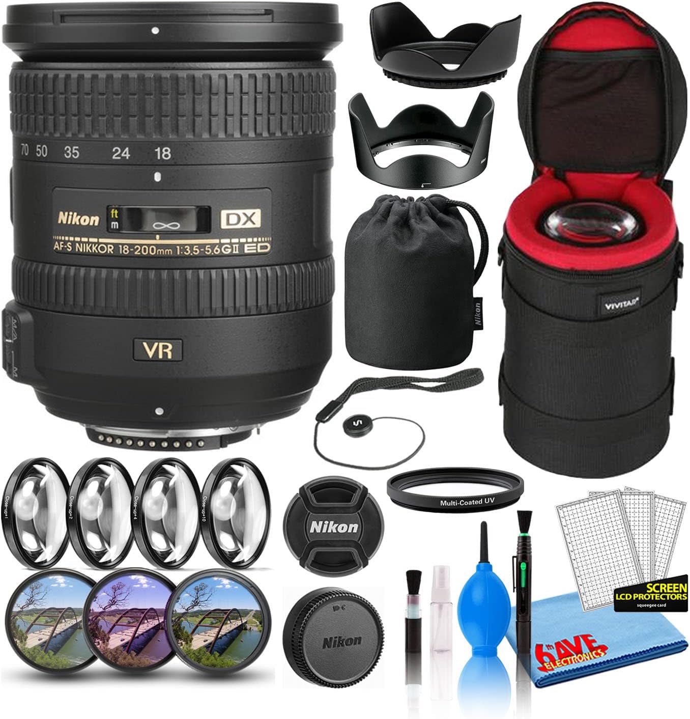 Nikon AF-S DX NIKKOR 18-200mm f/3.5-5.6G ED VR II Lens (2192) with Padded Lens Case + Macro Filter Kit + UV, CPL, FL Lens Filters + Tulip Hood + Cap Keeper + Cleaning Kit (Renewed)