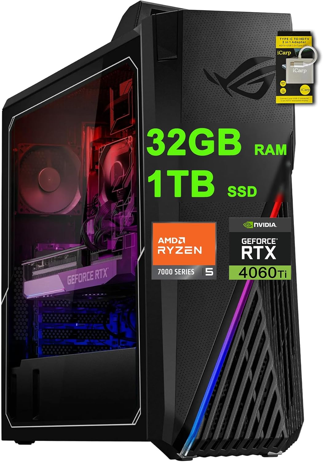 ASUS ROG Strix G15DS Gaming Desktop AMD Hexa-core Ryzen 5 7600X (Beats i7-12700) 32GB RAM 1TB SSD Geforce RTX 4060 Ti 8GB Aura Sync Lighting Win11 w/ICP Accessory