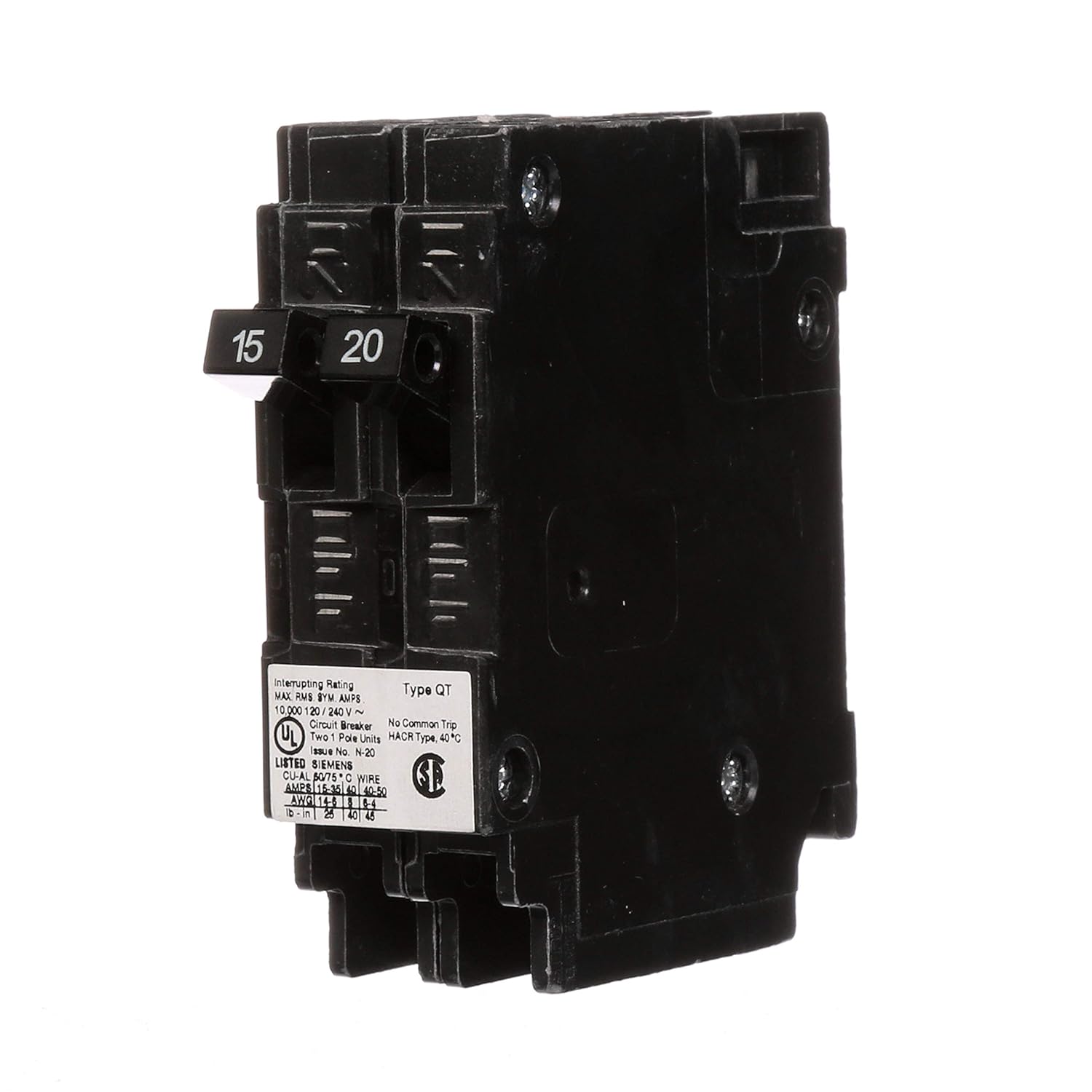 Siemens Q1520NC One 15-Amp and One 20-Amp Single Pole 120V Non-Current Limiting Circuit Breaker