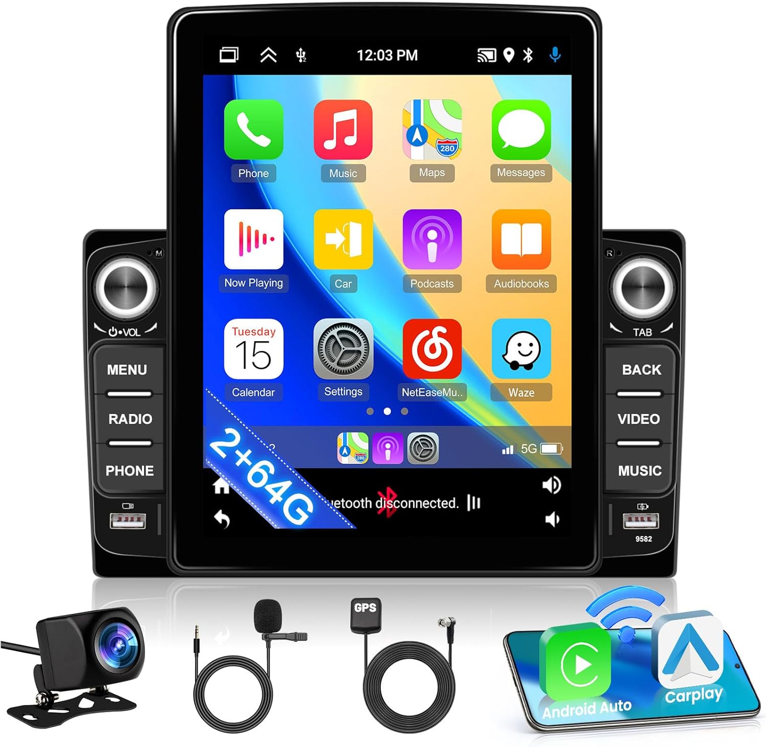 2G+64G Inefala Double Din Android 13 Vertical Car Radio Stereo, 9.5 Inch HD Vertical Touchscreen with Wireless Carplay & Android Auto, Android GPS Radio with FM/RDS WiFi SWC Backup Camera MIC