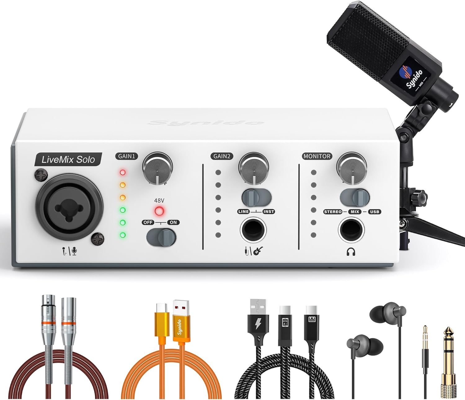 USB Audio Interface Bundle for PC Mac Computer Recording Music, Professional 2×2 Stereo Guitar Sound Card Solo 24Bit/48kHz for Live Streaming Podcasting, XLR/TRS Input, 48V Phantom Power Mic