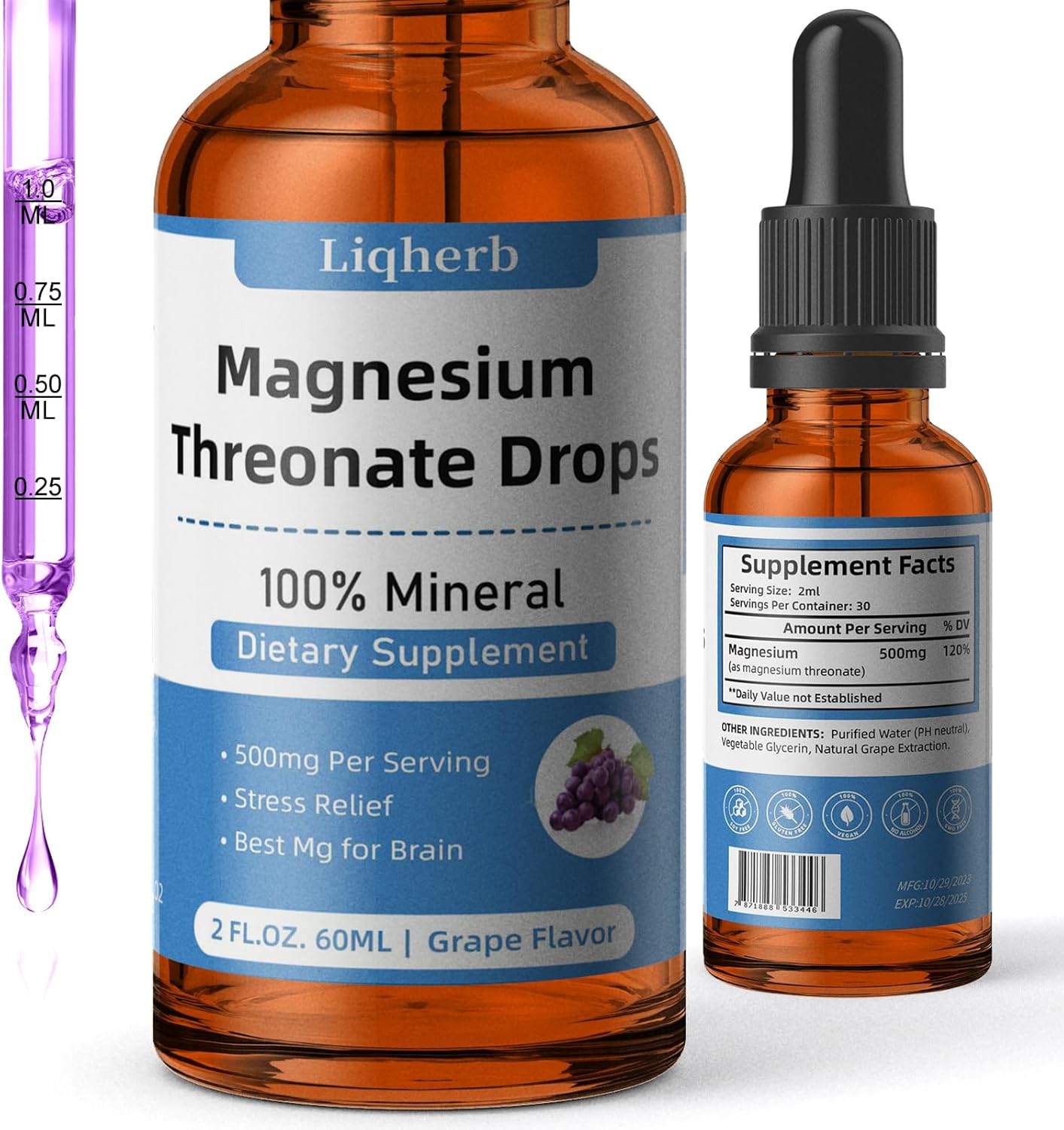 Magnesium Threonate Liquid 500mg, for Adults &Kids, Vegetable Glycerin Base with Better Dissolve, Best Mg for Brain Health, Stress & Muscle Relief, Nerve Health, Non-GMO, Gluten-Free, Vegan, 2 FL.OZ.