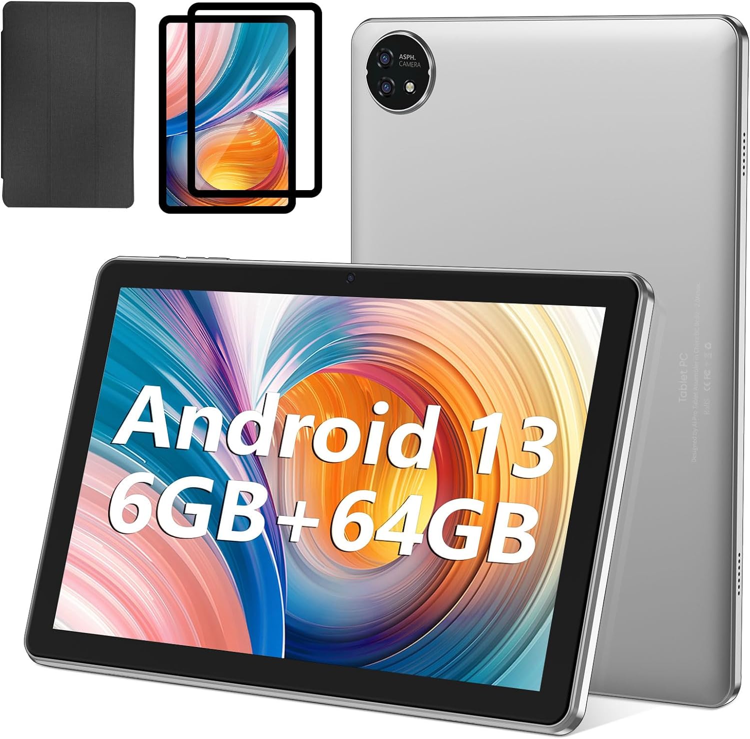 Tablet 10.1 inch Android 13 Tablets, 6(2+4) GB RAM+64GB ROM, 6000mAh, 1280 x 800 FHD, IPS Screen, Dual Camera, FM GPS 2.4G WiFi, Bluetooth (Gray)