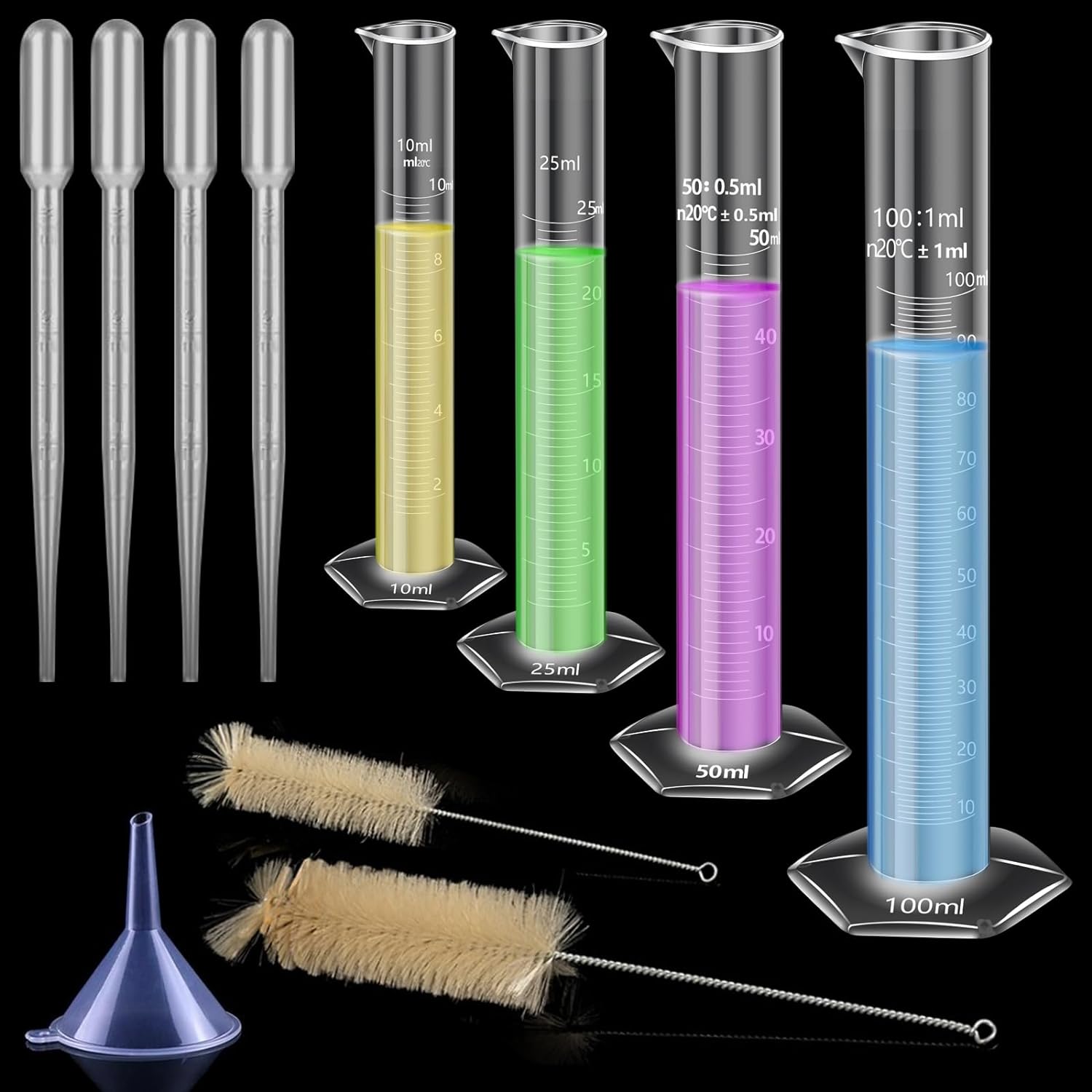 4PCS Plastic Graduated Cylinders, 10ml 25ml 50ml 100ml Measuring Cylinders Set with 4PCS Pipettes,1PCS Plastic Funnel and 2PCS Brush,for School and Kids Science Lab