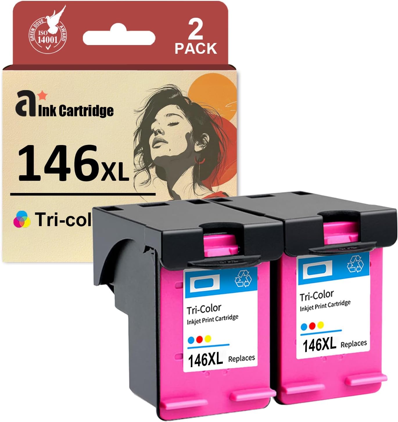 CL-146XL Tri-Color Ink Cartridges Combo Pack Replacement for Canon PG-145 PG-146 XL Ink Cartridge Compatible for Canon Pixma IP2810 IP2820 MX491 MG2410 MG2510 MG2910 Printers, 2 Pack