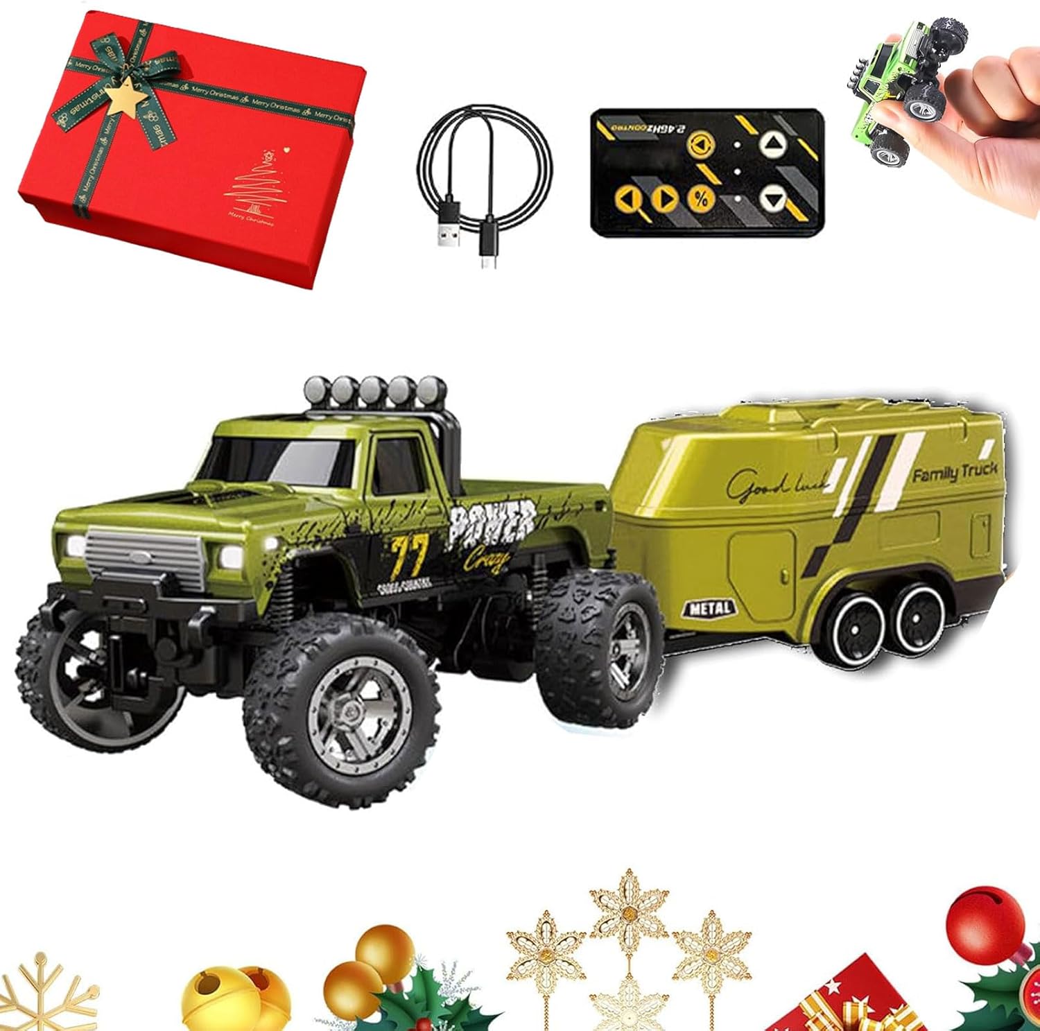 Mini Monster Truck, Mini Monster Truck 1:64 Scale Alloy, 2.4 Ghz Rc Semi Truck with Trailer, Monster Truck Remote Control Car with Lights for Kids Gifts (Green)